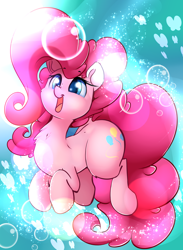 Size: 2200x3000 | Tagged: safe, artist:madacon, pinkie pie, butterfly, earth pony, pony, chest fluff, color porn, crepuscular rays, cute, diapinkes, female, happy, lens flare, mare, open mouth, smiling, solo