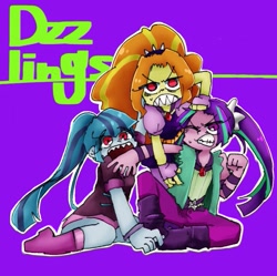 Size: 758x756 | Tagged: safe, artist:xp_r6, adagio dazzle, aria blaze, sonata dusk, equestria girls, rainbow rocks, angry, boots, clothes, looking at you, miniskirt, one eye closed, open mouth, pants, pigtails, ponytail, red eyes, sharp teeth, shirt, shoes, skirt, teeth, the dazzlings, twintails