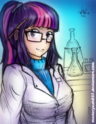 Size: 2550x3264 | Tagged: safe, artist:oyedraws, derpibooru import, twilight sparkle, human, clothes, doctor, glasses, humanized, lab coat, pencil, solo