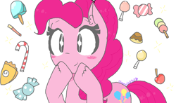Size: 1274x750 | Tagged: safe, artist:chametzkiwi, pinkie pie, earth pony, pony, candy, food, simple background, solo, white background, wingding eyes