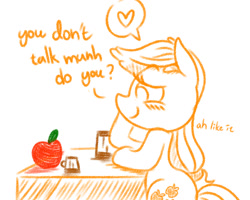 Size: 1280x1024 | Tagged: safe, artist:vincentjiang0v0, applejack, earth pony, pony, apple, food, hatless, heart, missing accessory, solo, table, that pony sure does love apples, waifu dinner