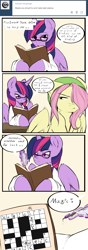 Size: 1200x3420 | Tagged: safe, artist:rainbowscreen, derpibooru import, butterscotch, dusk shine, fluttershy, prince dusk, twilight sparkle, twilight sparkle (alicorn), alicorn, pegasus, pony, ask the gaylord, comic, crossword puzzle, glasses, magic, rule 63