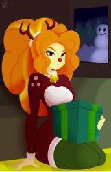 Size: 828x1280 | Tagged: safe, artist:7_los_7, artist:7los7, adagio dazzle, equestria girls, animal costume, antlers, bell, bell collar, clothes, collar, costume, present, red nose, reindeer antlers, reindeer costume