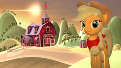 Size: 3840x2159 | Tagged: safe, artist:darklecramo, applejack, earth pony, pony, 3d, barn, fence, hay, hill, lens flare, poster, solo, source filmmaker, sweet apple acres, tree