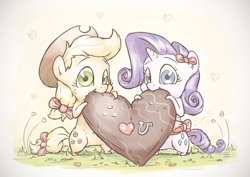 Size: 1440x1018 | Tagged: safe, artist:assasinmonkey, part of a set, applejack, rarity, earth pony, pony, unicorn, apples & gems calendar, bow, bowtie, chibi, cute, female, hair bow, heart, hearts and hooves day, lesbian, rarijack, shipping, tail bow, valentine's day