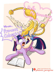 Size: 600x800 | Tagged: safe, artist:phoenixperegrine, idw, golden feather, princess celestia, twilight sparkle, twilight sparkle (alicorn), alicorn, pegasus, pony, spoiler:comic, spoiler:comic65, book, braid, disguise, female, glomp, hug, implied lesbian, implied shipping, implied twilestia, mare, patreon, patreon logo