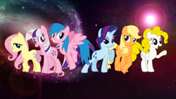 Size: 1920x1080 | Tagged: safe, artist:morningstar-1337, derpibooru import, edit, applejack (g1), firefly, posey, sparkler (g1), surprise, twilight, g1, g1 six, g1 to g4, generation leap, space, wallpaper, wallpaper edit