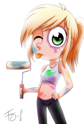 Size: 1024x1515 | Tagged: safe, artist:fj-c, applejack, equestria girls, belly button, clothes, hatless, midriff, missing accessory, paint roller, ponytail, simple background, solo, sports bra, tanktop, tongue out, wink