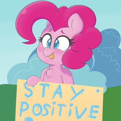 Size: 1280x1280 | Tagged: safe, artist:matitas, pinkie pie, earth pony, pony, :p, bipedal, blushing, chest fluff, colored pupils, cross-eyed, cute, diapinkes, fluffy, motivational poster, nose wrinkle, positive ponies, sign, smiling, solo, tongue out