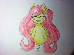 Size: 960x720 | Tagged: safe, artist:thatweebyouknow, fluttershy, pegasus, pony, blushing, bust, eyes closed, looking at you, open mouth, portrait, smiling, solo, traditional art