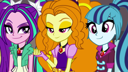 Size: 1920x1080 | Tagged: safe, screencap, adagio dazzle, aria blaze, sonata dusk, equestria girls, rainbow rocks, adoragio, ariabetes, canterlot high, cute, female, gem, jewelry, necklace, pigtails, ponytail, siren gem, smiling, smirk, smug, sonatabetes, the dazzlings, trio, trio female, twintails