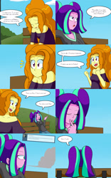 Size: 2000x3200 | Tagged: safe, artist:jake heritagu, adagio dazzle, aria blaze, comic:aria's archives, equestria girls, bench, cigarette, clothes, comic, dialogue, dress, female, hoodie, park bench, smoking, speech bubble