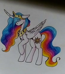 Size: 536x612 | Tagged: safe, artist:vinceentpl, princess celestia, alicorn, pony, female, horn, mare, multicolored mane, solo, traditional art, white coat