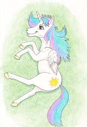 Size: 836x1224 | Tagged: safe, artist:friendshipishorses, princess celestia, alicorn, pony, female, horn, mare, missing accessory, multicolored mane, multicolored tail, solo, white coat, white wings, wings