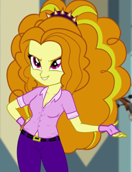 Size: 830x1080 | Tagged: safe, edit, edited screencap, editor:ah96, screencap, adagio dazzle, equestria girls, rainbow rocks, breast edit, breasts, cleavage, clothes, cropped, evil grin, female, fingerless gloves, gloves, grin, polo shirt, smiling, solo, spiked headband