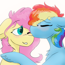 Size: 1600x1600 | Tagged: safe, artist:antimationyt, derpibooru import, fluttershy, rainbow dash, pegasus, pony, blushing, bust, chest fluff, eyes closed, female, floppy ears, flutterdash, kiss on the cheek, kissing, lesbian, mare, one eye closed, raised hoof, shipping, simple background, smiling, white background