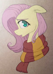 Size: 2602x3622 | Tagged: safe, artist:waterferret, part of a set, fluttershy, pegasus, pony, bust, clothes, crossover, floppy ears, gryffindor, harry potter, looking at you, open mouth, portrait, profile, scarf, solo, traditional art