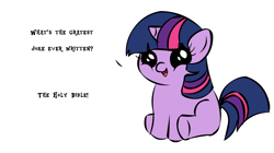 Size: 1194x668 | Tagged: safe, derpibooru import, twilight sparkle, pony, unicorn, bible, christianity, dialogue, exploitable meme, female, filly, filly twilight sparkle, filly twilight telling an offensive joke, horn, looking at you, meme, multicolored mane, multicolored tail, obligatory pony, politically incorrect, purple coat, religion, simple background, sitting, smiling, solo, talking to viewer, underhoof, white background