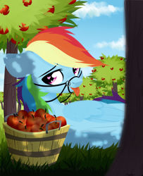 Size: 1300x1600 | Tagged: safe, artist:shiny, derpibooru import, rainbow dash, pegasus, pony, apple, apple tree, bridle, food, heart eyes, laying on ground, looking at you, reins, solo, tack, tongue out, tree, wingding eyes