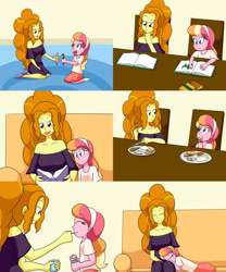 Size: 2000x2400 | Tagged: safe, artist:jake heritagu, adagio dazzle, oc, oc:honeycrisp blossom, comic:aria's archives, equestria girls, apple slice, book, bread, chair, clothes, coloring book, comic, crayon, cute, dialogue, doll, dress, eating, female, food, fork, freckles, hairband, knife, mashed potatoes, meat, offspring, parent:big macintosh, parent:princess cadance, parents:cadmac, plate, potato, skirt, sleeping, sofa, speech bubble, steak, table, toy
