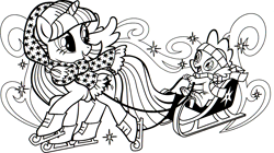 Size: 1703x953 | Tagged: safe, derpibooru import, part of a set, spike, twilight sparkle, twilight sparkle (alicorn), alicorn, dragon, pony, unicorn, clothes, coloring book, female, headband, hearth's warming eve, hearth's warming eve coloring book, ice skates, indexed png, mare, monochrome, official, scan, scarf, simple background, sleigh, white background, winter hat