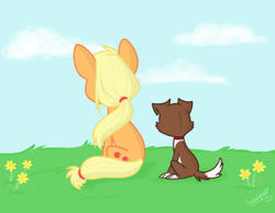 Size: 900x700 | Tagged: safe, artist:flourret, applejack, winona, dog, earth pony, pony, alternate hairstyle, day, female, grass, hatless, mare, missing accessory, outdoors, ponytail, rear view, relaxing, signature, sitting, sky