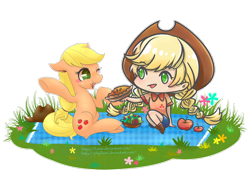 Size: 900x658 | Tagged: safe, artist:foxmi, artist:phyllismi, applejack, human, collaboration, apple, food, human ponidox, humanized, picnic, picnic blanket, pie