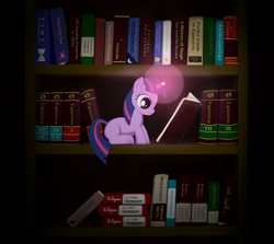 Size: 2316x2063 | Tagged: safe, artist:runic-scribe, derpibooru import, twilight sparkle, blank flank, book, bookshelf, filly, glowing horn, solo