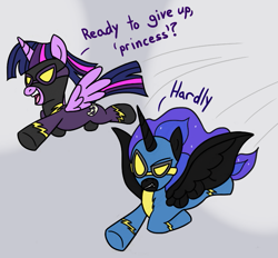 Size: 759x703 | Tagged: safe, artist:varemia, derpibooru import, nightmare moon, twilight sparkle, twilight sparkle (alicorn), alicorn, pony, clothes, dialogue, female, flying, mare, personality swap, shadowbolts costume, wonderbolts uniform