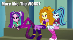 Size: 1024x571 | Tagged: safe, adagio dazzle, aria blaze, sonata dusk, equestria girls, rainbow rocks, female, pigtails, ponytail, text, the dazzlings, trio, trio female, twintails