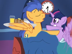 Size: 1024x768 | Tagged: safe, artist:biosonic100, derpibooru import, flash sentry, twilight sparkle, twilight sparkle (alicorn), alicorn, pegasus, pony, backwards cutie mark, bed, bedroom, breakfast, clock, couple, female, flashlight, food, male, mare, orange juice, pancakes, shipping, story in the source, straight, wing hands