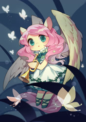 Size: 2480x3506 | Tagged: safe, artist:huaineko, fluttershy, pegasus, pony, bugle, clothes, dress, fairy, shoes, solo