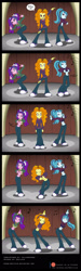 Size: 800x2672 | Tagged: safe, artist:niban-destikim, adagio dazzle, aria blaze, sonata dusk, equestria girls, rainbow rocks, belly button, belly dance, clothes, comic, commission, converse, dancing, dialogue, midriff, music notes, patreon, patreon logo, shirt, shirt lift, shoes, stage, surprised, the dazzlings