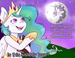 Size: 765x598 | Tagged: safe, artist:midnightpremiere, princess celestia, alicorn, pony, banishment, book, dialogue, female, implied princess luna, is this a pigeon, jewelry, looking up, mare, mare in the moon, meme, moon, night, pointing, ponified meme, regalia, solo