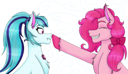 Size: 6568x3786 | Tagged: safe, artist:cornerverse, pinkie pie, sonata dusk, earth pony, pony, absurd resolution, boop, bow, chest fluff, colored hooves, female, grin, hair bow, lesbian, nose wrinkle, pinata (ship), ponytail, scrunchy face, shipping, simple background, smiling, transparent background, unshorn fetlocks