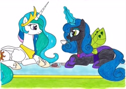 Size: 3493x2471 | Tagged: safe, artist:killerteddybear94, princess celestia, queen chrysalis, reversalis, alicorn, changeling, changeling queen, pony, cake, crossed arms, crown, cup, cutie mark, eyeshadow, female, folded wings, food, glasses, glowing horn, hoof shoes, insect wings, jewelry, lidded eyes, looking at each other, magic, makeup, mare, multicolored mane, multicolored tail, open mouth, plate, prone, regalia, relaxing, smiling, teacup, telekinesis, traditional art