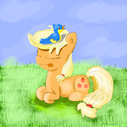 Size: 2000x2000 | Tagged: safe, artist:twiren, applejack, bird, earth pony, pony, grass, hatless, missing accessory, nest, prone, sleeping