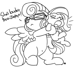 Size: 1280x1129 | Tagged: safe, artist:pabbley, fluttershy, posey shy, pegasus, pony, belly button, dialogue, eyes closed, female, filly, filly fluttershy, glasses, holding a pony, lineart, missing cutie mark, monochrome, screaming, simple background, spread wings, white background, younger