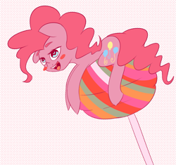 Size: 2681x2515 | Tagged: safe, anonymous artist, pinkie pie, earth pony, pony, blush sticker, blushing, candy, eyebrows, food, happy, lollipop, solo, tiny ponies