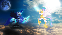 Size: 1920x1080 | Tagged: safe, artist:datfireflow, artist:larsurus, derpibooru import, edit, princess celestia, princess luna, alicorn, pony, armor, cloud, duo, female, mare, moon, sickle, wallpaper, wallpaper edit