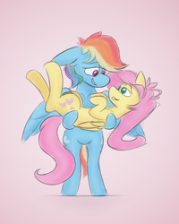 Size: 2000x2500 | Tagged: safe, artist:antimationyt, derpibooru import, fluttershy, rainbow dash, pegasus, pony, atg 2020, bipedal, blushing, eye contact, female, floppy ears, flutterdash, folded wings, holding, holding a pony, hooves to the chest, lesbian, looking at each other, mare, newbie artist training grounds, on back, pink background, shipping, simple background, smiling, spread wings, wings