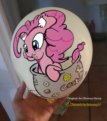 Size: 1836x2081 | Tagged: safe, artist:dfectivedvice, artist:robocop17, pinkie pie, balloon, cookie, cookie jar, cute, ear fluff, food, irl, paint, paint on balloon, photo, solo, traditional art