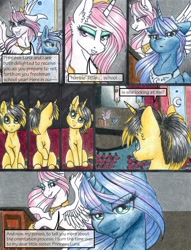 Size: 1024x1339 | Tagged: safe, artist:tillie-tmb, princess celestia, princess luna, oc, oc:tempest, alicorn, pony, comic:the amulet of shades, female, filly, pink-mane celestia, s1 luna, traditional art