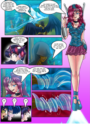 Size: 997x1379 | Tagged: safe, artist:mauroz, derpibooru import, pinkie pie, twilight sparkle, human, bra, clothes, comic, cropped, humanized, pink underwear, pinkamena diane pie, see-through, shadowbolts, skirt, underwear, wet