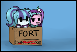 Size: 1280x861 | Tagged: safe, artist:jankrys00, adagio dazzle, aria blaze, sonata dusk, equestria girls, :p, :t, ariabetes, blue background, box, box fort, c:, candy, candy cane, cardboard box, chibi, clothes, cute, flower, food, fort, gradient background, hoodie, leaning, lidded eyes, looking at you, pigtails, ponytail, puffy cheeks, silly, simple background, smiling, sonatabetes, sweets, tongue out, unamused