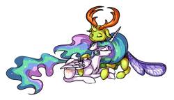 Size: 1024x590 | Tagged: dead source, safe, artist:marbola, princess celestia, thorax, alicorn, changedling, changeling, pony, crack shipping, cuddling, ethereal mane, eyes closed, female, hug, king thorax, lying down, male, mare, shipping, simple background, smiling, starry mane, straight, thoralestia, transparent background