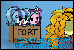 Size: 1280x861 | Tagged: safe, artist:jankrys00, adagio dazzle, aria blaze, sonata dusk, equestria girls, :o, :p, :t, ariabetes, blue background, box, box fort, candy, cardboard box, censored vulgarity, chibi, clothes, cute, dialogue, flower, food, fort, frown, gradient background, hidden eyes, hoodie, leaning, lidded eyes, looking at you, open mouth, pigtails, ponytail, puffy cheeks, silly, simple background, sonatabetes, subtitles, sweets, text, tongue out, unamused, vulgar