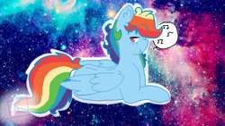 Size: 640x360 | Tagged: safe, artist:shinningblossom12, derpibooru import, rainbow dash, pegasus, pony, looking at you, music notes, prone, solo, space, whistle, whistling