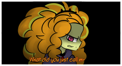 Size: 1280x698 | Tagged: safe, artist:jankrys00, adagio dazzle, equestria girls, angry, black background, clothes, frown, glare, hoodie, looking at you, open mouth, simple background, solo, subtitles, text