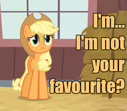 Size: 571x500 | Tagged: safe, applejack, earth pony, pony, simple ways, bronybait, image macro, meme, sad, solo